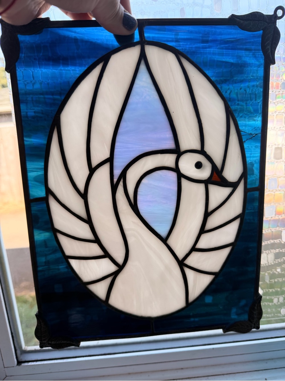 Handcrafted White Swan Stained Glass Panel - Blue Background